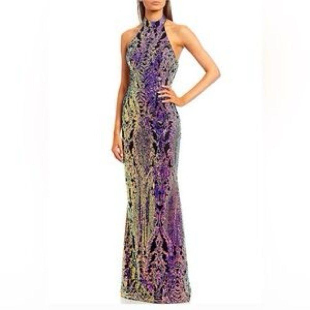 City Vibe Holographic Bedazzled Black Halter Maxi Dress Gown Sz 7